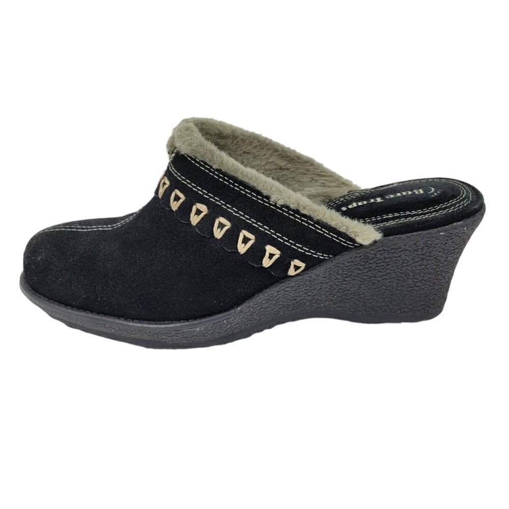 BareTraps Wedge Heel Suede Clogs Faux Shearling Liner Sz 8.5 Black Comfort EUC